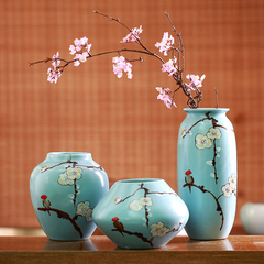 新中式现代摆件景德镇陶瓷手绘梅花花瓶三件套酒柜工艺装饰摆设