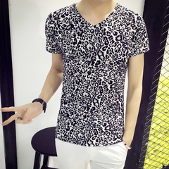 韩版2016新款夏季豹纹半袖打底衫体恤修身V领短袖t恤男装潮衣服