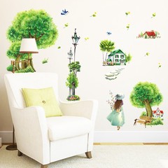 可移除墙贴卧室温馨田园风景绿树动漫墙贴画客厅电视沙发背景装饰