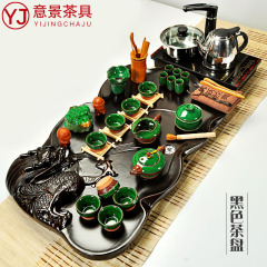 意景茶具套装特价整套功夫茶具陶瓷汝窑电磁炉实木茶盘整块茶台