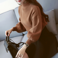 简蒂娅2016韩版秋装新款灯笼袖半高领宽松女装针织衫套头毛衣 女