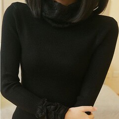 2016秋冬韩版弹力堆堆领针织打底衫女装新款高领修身蕾丝袖毛衣女
