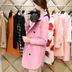 韩版中长款长袖纯色风衣外套女2016冬装新品双排扣修身显瘦大衣女