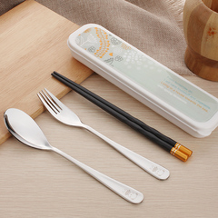 学生筷子勺子叉子套装卡通餐具不锈钢三件套便携餐具盒韩国合金
