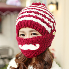 帽子女冬天韩版潮胡子毛线帽针织秋冬季保暖口罩帽加绒儿童帽护耳