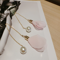 苏心日系新款甜美优雅简约气质雪纺布艺长款合金链条珍珠花朵耳环