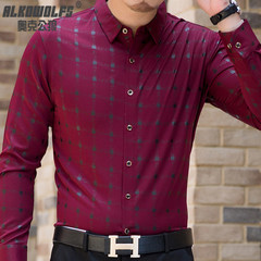 新款衬衫男士长袖纯色商务休闲格子秋季韩版修身印花衬衣中年男装