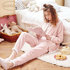 Gukoo/果壳秋冬季甜美珊瑚绒蕾丝花边女套装可爱娃娃领开衫家居服