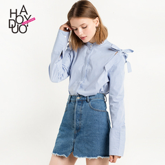 Haoduoyi2017春装新款 欧美时尚露肩蝴蝶结装饰单排扣衬衫 好多衣