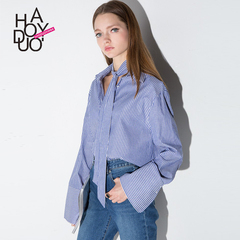 Haoduoyi2016夏新款 时尚蓝白条纹系带蝴蝶结 单排扣宽松休闲衬衫