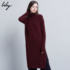 Lily2017春新款羊毛纯色长款高领毛衣连衣裙116430B7328