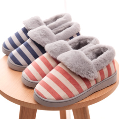 冬季家居室内厚底男女条纹保暖棉拖鞋包跟居家日式厚底防滑棉拖鞋