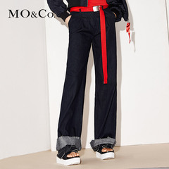 MO&Co.高腰罗纹长腰带翻边阔腿喇叭牛仔裤长裤MA171PAT412 moco