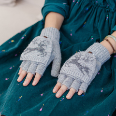 SXE韩版冬季手套女半指翻盖两用保暖韩版学生可爱兔毛露指手套