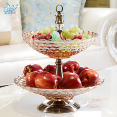 欧式玻璃双层水果盘摆件 样板房家居饰品水晶玻璃感果盘摆件