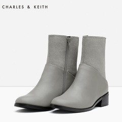 CHARLES&KEITH女靴 CK1-90380091 中筒粗中跟拼接纯色靴女袜靴