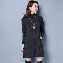 韩版冬季半高领加厚针织衫女中长款大码套头毛衣女花线保暖打底衫