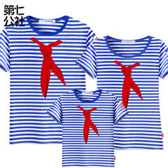 第七公社 海魂衫亲子装夏装2017新款韩版条纹短袖t恤红领巾母女装