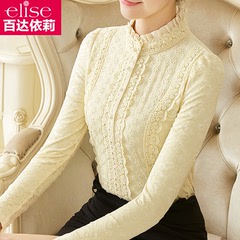 韩版小立领纯色打底衫女2016冬季新款长袖加绒加厚蕾丝衫短款上衣