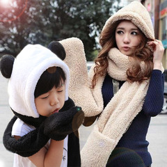 帽子围巾手套三件套女一体冬季天围脖套装韩版儿童成人熊猫女生潮