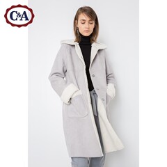 C＆A女式麂皮绒连帽大衣 2016冬新款羊羔绒中长款外套CA200185319