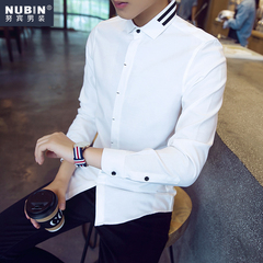 努宾男装秋季寸衣学生纯色长袖衬衫青少年韩版修身男士方领衬衣潮