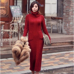 2016新款针织连衣裙女长袖秋冬季韩版高领长款修身加厚打底毛衣裙