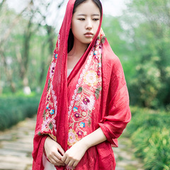 春秋刺绣亚麻花朵印度尼伯尔棉麻围巾 披肩两用民族风丝巾文艺