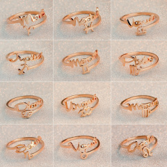 陌尚包邮 韩版时尚装饰戒指女 十二星座玫瑰金色开口可调节指环