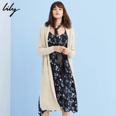 Lily2017新款女装针织开衫纯色长款开叉毛衣口袋外套116349B1915
