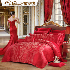 水星家纺 婚庆大提花四件套 百合热恋 大红色结婚床上用品套件