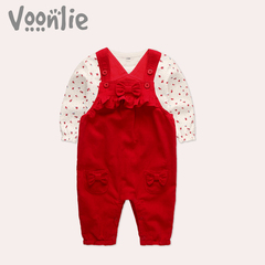 Voonlie童装秋冬新品女宝宝套装婴儿红色背带裤纯棉碎花T恤两件套