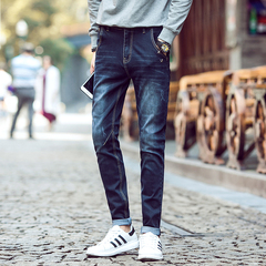 秋季青少年弹力韩版修身型男士牛仔长裤黑色显瘦小脚裤男装铅笔裤