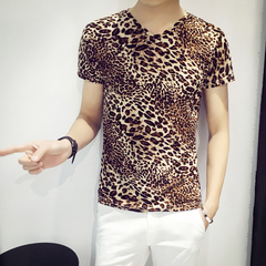 男士短袖T恤修身V领半袖豹纹紧身体恤男装打底衫上衣夏季韩版衣服