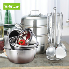 Sstar 304不锈钢双层蒸锅 锅铲套装 不锈钢盆六件套烹饪工具套装