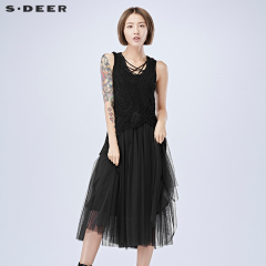 s.deer圣迪奥女装2017新款春两件套黑色连衣裙背心裙S16181253