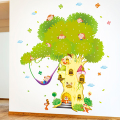 儿童房动物卡通幼儿园装饰品贴纸自粘壁纸房间墙贴画树屋卧室客厅