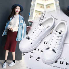 百搭小白鞋女鞋韩版学生休闲鞋白色帆布鞋平底单鞋子系带皮面板鞋
