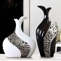 家居饰品现代简约花瓶客厅装饰摆件创意花器结婚礼物黑白镀银花瓶