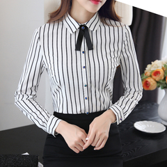 2017韩版修身气质职业长袖衬衣女休闲竖条纹大码办公室工作服衬衫