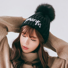 帽子女冬季潮贴标韩版纯色针织毛线帽休闲百搭加厚学生毛球套头帽