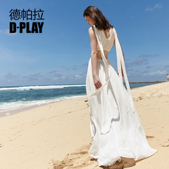 D－PLAY2016新品白色雪纺连衣裙海边度假沙滩裙露腰长裙礼服白裙