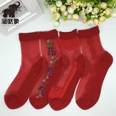 溜哒象大红色水晶丝袜本命年结婚纯红色短袜半透肉透明新娘袜子