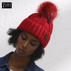 ZIYI紫伊3系 新款纯色冬季韩版帽子女 红色毛线帽时尚毛球针织帽